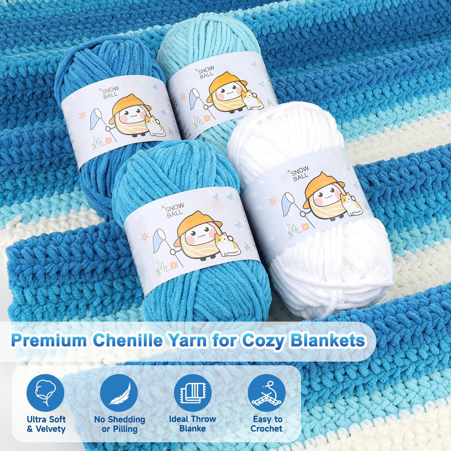 Reessy Crochet Blanket Kit for Beginners Adults – Gradient Blue Ombre Throw Blanket Kit with Soft Chenille Yarn, Hooks & Instructions – Handmade Crochet Starter Set for Adults