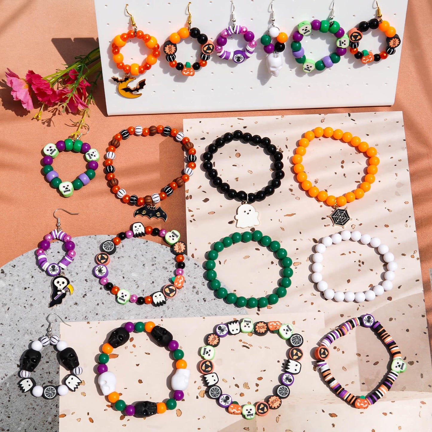 2100+PCS Halloween Beads Kit for Jewelry Making, Spooky DIY Crafts with Clay Charms Acrylic Rounds Pearls Pumpkin Skull Beads Ghost Witch Hat Bat Charms DIY Halloween Bracelets Necklace Earrings Craft