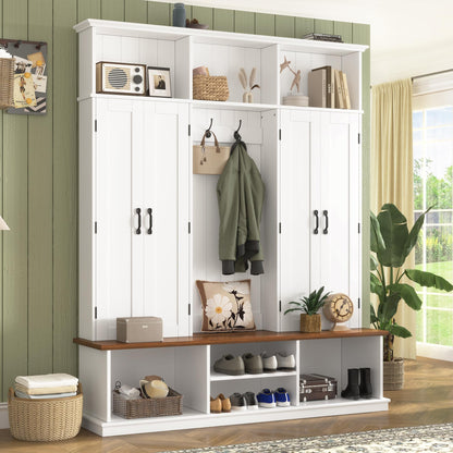 Amposei Farmhouse Hall Tree with Storage Cabinet & Shoe Bench, 78.7''H Tall Entryway Storage Organizer with 4 Doors, 7 Open Cubbies & 6 Coat Hooks for Hallway Mudroom Living Room, White