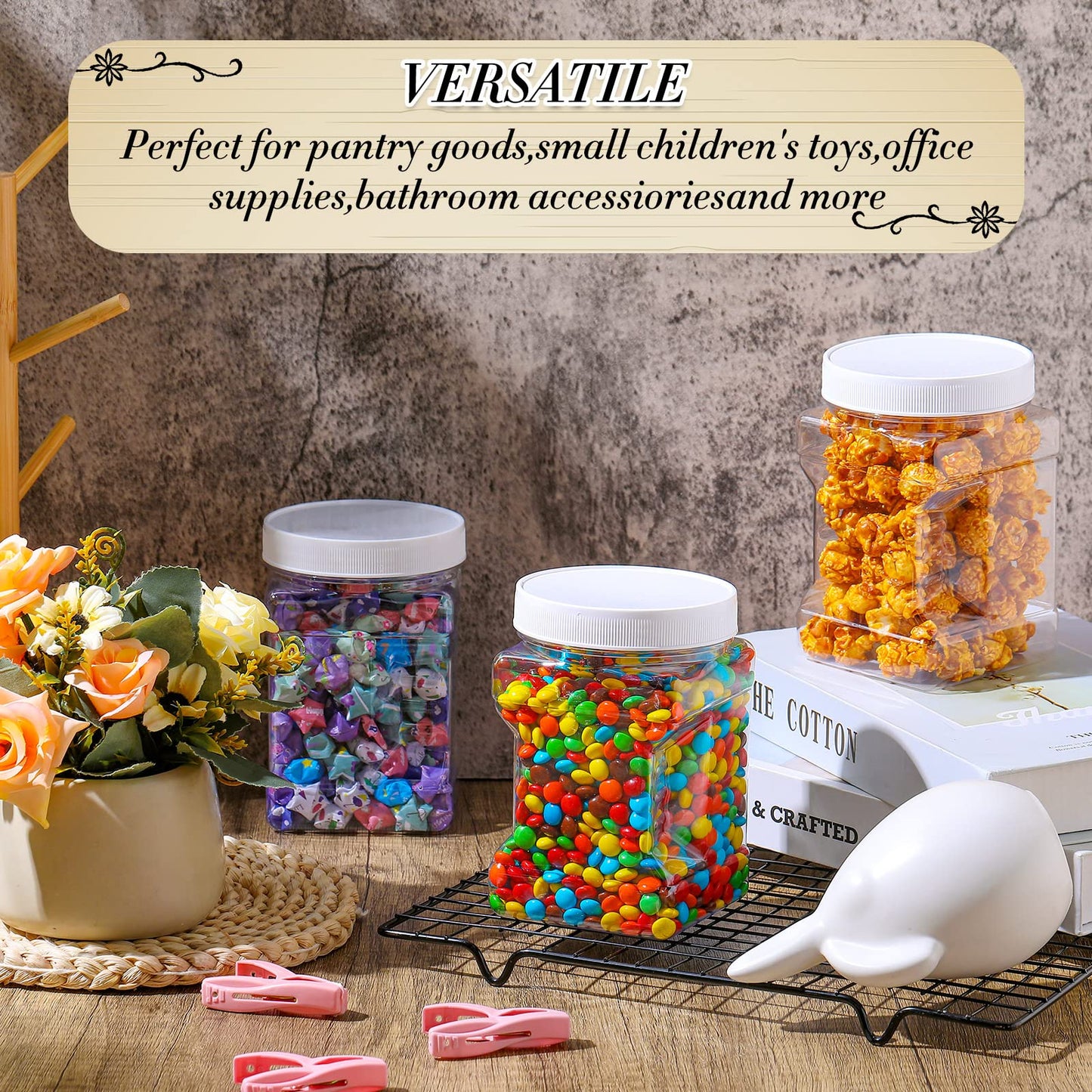 Gerrii 18 Pcs 27 Oz Plastic Storage Jars with Lids, Clear Wide Mouth Square Plastic mason Containers, Paint Storage Containers with Easy Grip Handles, Reusable Wide Mouth Canisters