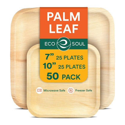 ECO SOUL Palm Leaf Like Bamboo Plates, 7 & 10 Inch Square, 100 Pack Bulk Disposable Dinnerware Combo, Compostable Biodegradable Natural Wooden Tableware, Party Pack for Catering, Wedding, Events