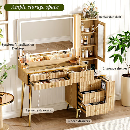 Arulvmrn Vanity Desk with 35.12" HD Lighted Mirror, 46.85" Big Modern Vanity Desk with Mirror and Lights, Makeup Vanity with 7 Drawers and Storage Shelves and Charging Station, Oak