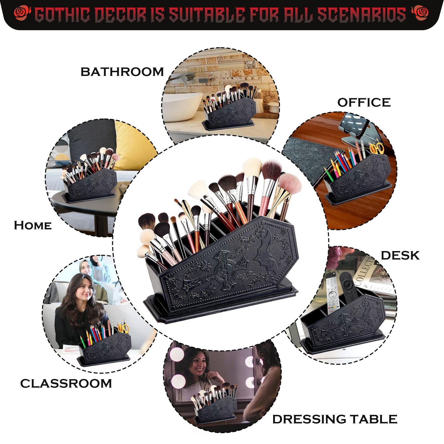 Gothic Coffin Decor Makeup Brush Holder,Spooky Witchy Gifts for Women,Bat Cosmetic Display Cases,Cross Goth Decor Pen Holder, Vanity, Desk, Office Organizer for Christmas Bedroom Bathroom,Black