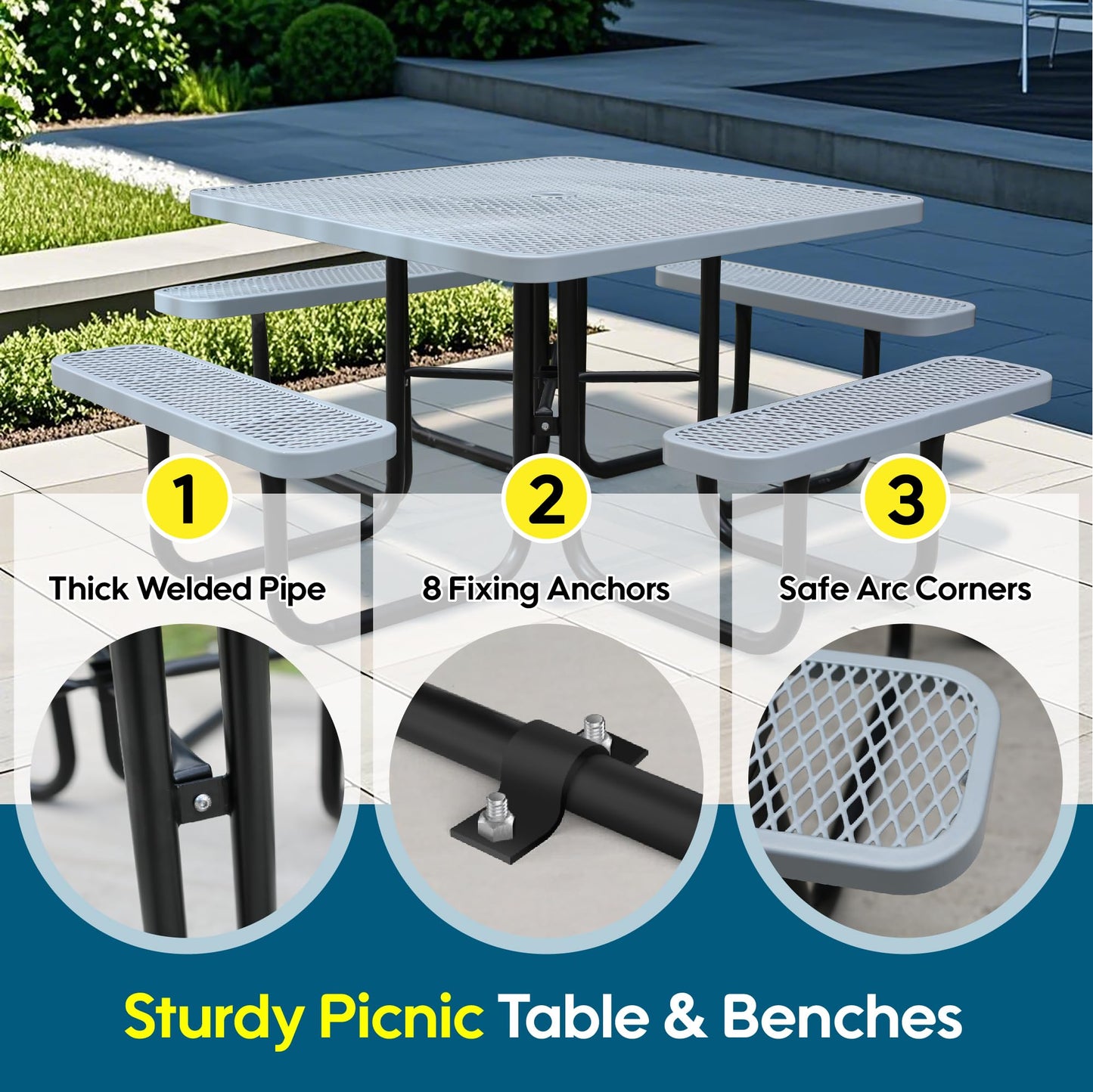 Sunnibety 8-Person Picnic Tables for Outdoors, Industrial 46" Expanded Metal Square Picnic Table with 4 Benches & Umbrella Hole, Outside Table and Bench Set for Garden, Backyard, Porch, Patio, Grey