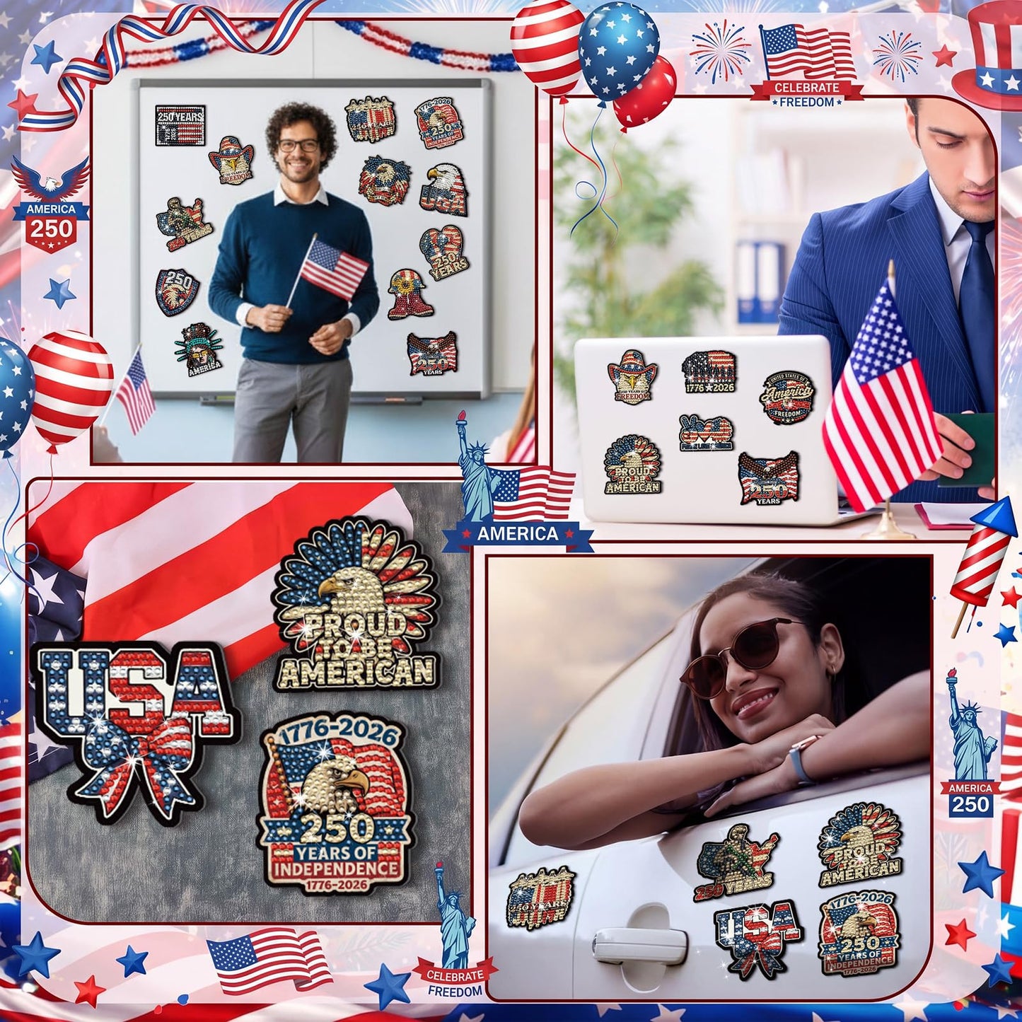 Chapou 20 Pcs 4th of July Patriotic Diamond Art Magnets 250th Anniversary Eagle Diamond Painting Magnets Memorial Day Red White Blue American Flag Magnetic Gem Art Stickers Kits for Adults DIY Decor