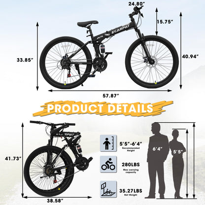 Ecarpat Folding Mountain Bike- 26 Inch Bikes for Adults, 21 Speed Full Suspension Foldable Bike for Men or Womens Bike Riders, High Carbon Steel Frame Dual Disc Brake MTB for Trek and Commuter