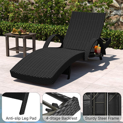 Rovibek 80'' Outdoor Wicker Chaise Lounge Chairs Set of 2, Pool Lounge Chairs with Pull-Out Side Table, Pool Lounge Chairs with Adjustable Recliners, All-Weather Design for Poolside Sunbathing, Black