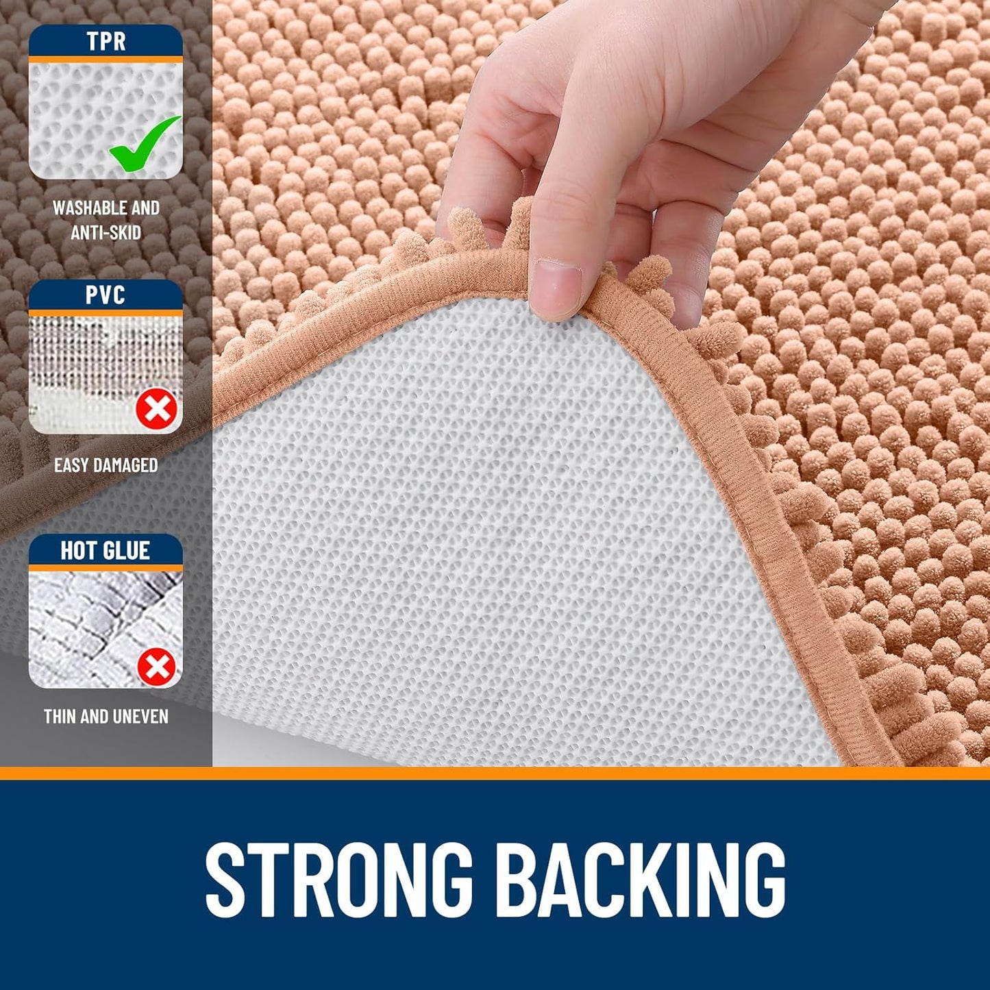 OLANLY Large Bathroom Rugs - Extra Soft Chenille Bath Mats with Rubber Backing | Quick Dry, Machine Washable, Peach 50x30