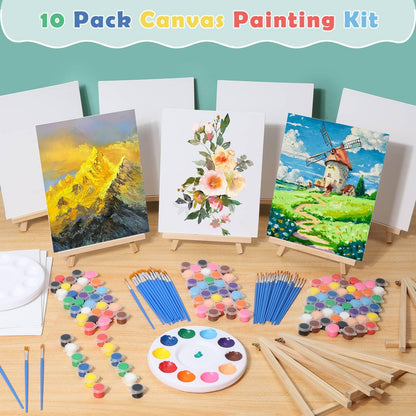 10Pack 8x10 Inch Canvas and Easel Set, Art Canvas Bulk with Easel Stands, 12 Colors Mini Acrylic Paint Set, Small Paint Brushes, Paint Trays, Sip and Paint Kit for Adults Couples Paint Party Supplies