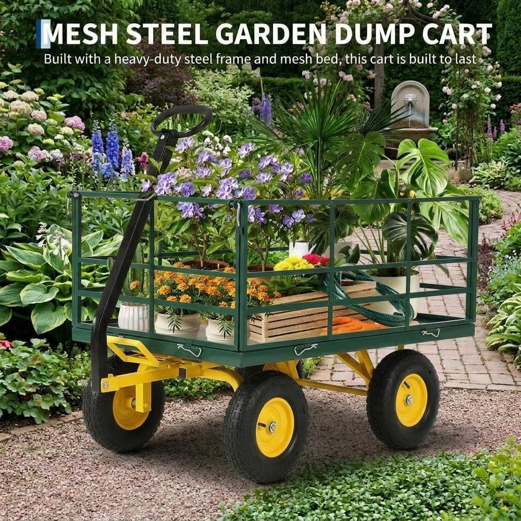 4-in-1 Heavy Duty Steel Garden Yard Cart - 1500 lbs Capacity - 13 Inch All-Terrain Wheels - Removable Mesh Sides - Dark Green Frame, Yellow Hubs, Black Handlebars