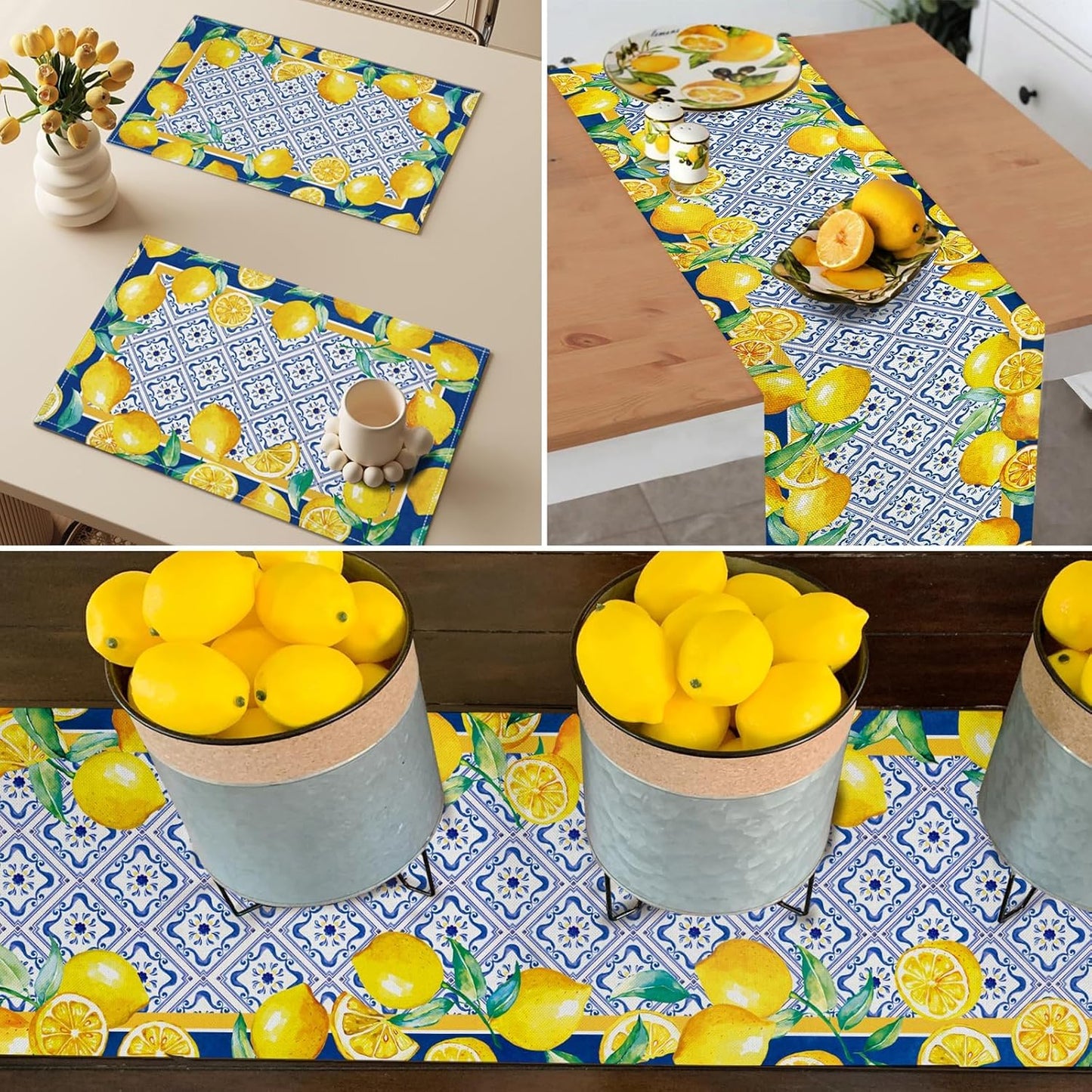 13x90 Inch Capri Blue Lemon Table Runner Italy Tile Burlap Artificial Yellow Lemon Fruit Table Runners Farmhouse Coffee