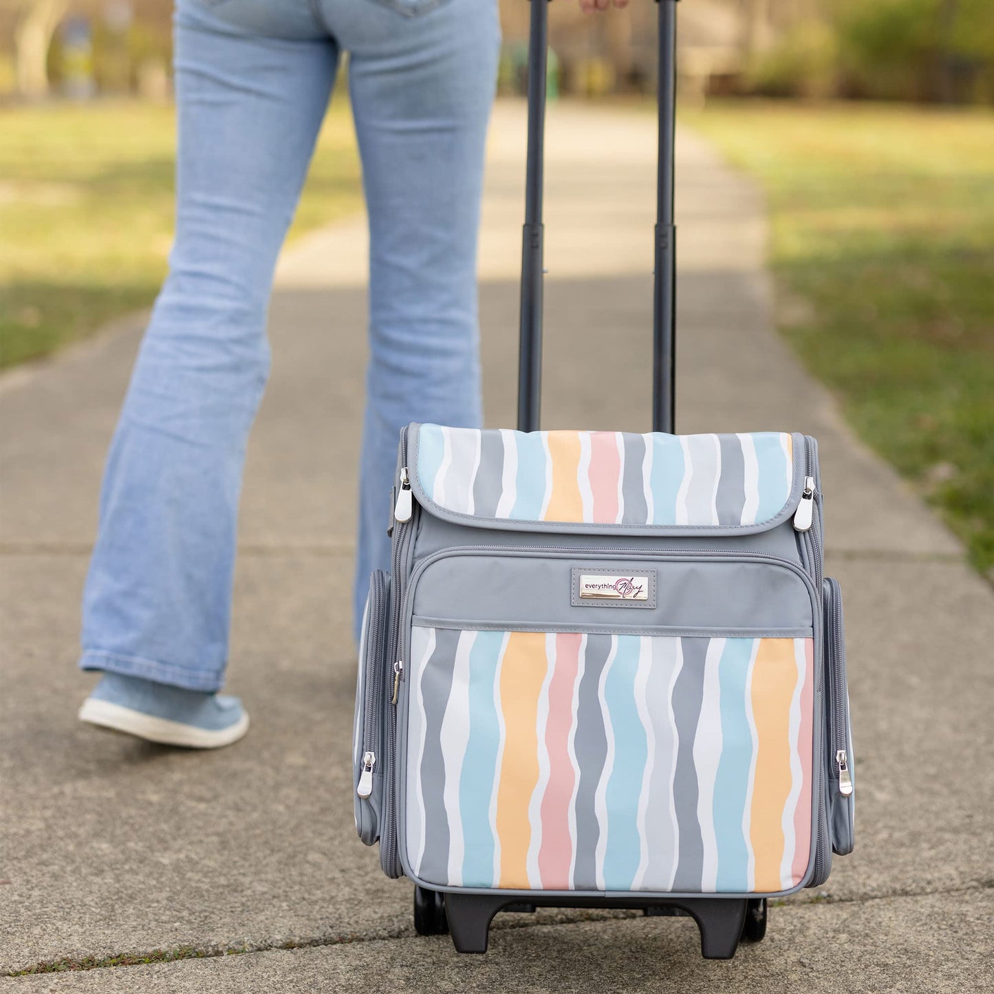 Everything Mary Rolling Scrapbook Tote – Grey Stripes Craft Bag with Wheels – Portable Storage Organizer for Scrapbooking, Papercraft & Art Supplies