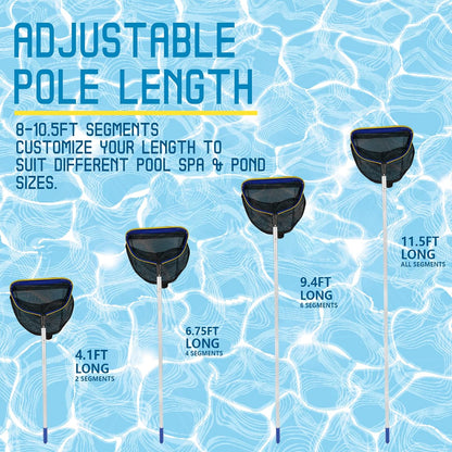 Poolvio Pool Deep Skimmer Net - Adjustable 3ft to 10ft Aluminum Pole & Fine Mesh Bag for All Pools