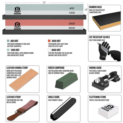 Complete Knife Sharpening Stone Kit - Goodjob Premium Whetstone Knife Sharpener Stone - Dual Grit 400/1000 3000/8000 Wet Stone Sharpening Kit with Cut Resistant Gloves, Honing Guide, Bamboo Base