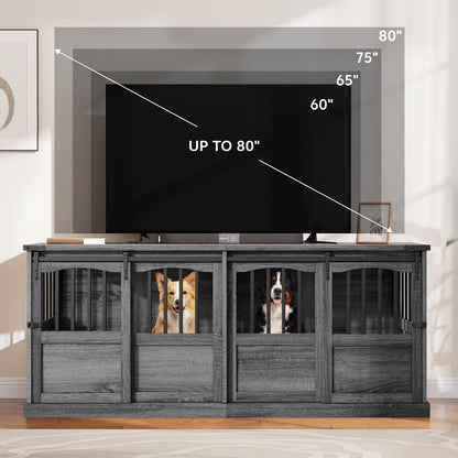 Homiflex Double Dog Crate Furniture with Barn Sliding Doors, 72" Large Dog Kennel Furniture Indoor with Divider for 2 Medium Large Dogs, Heavy Duty Wooden Dog Cage Decorative TV Stand, Grey
