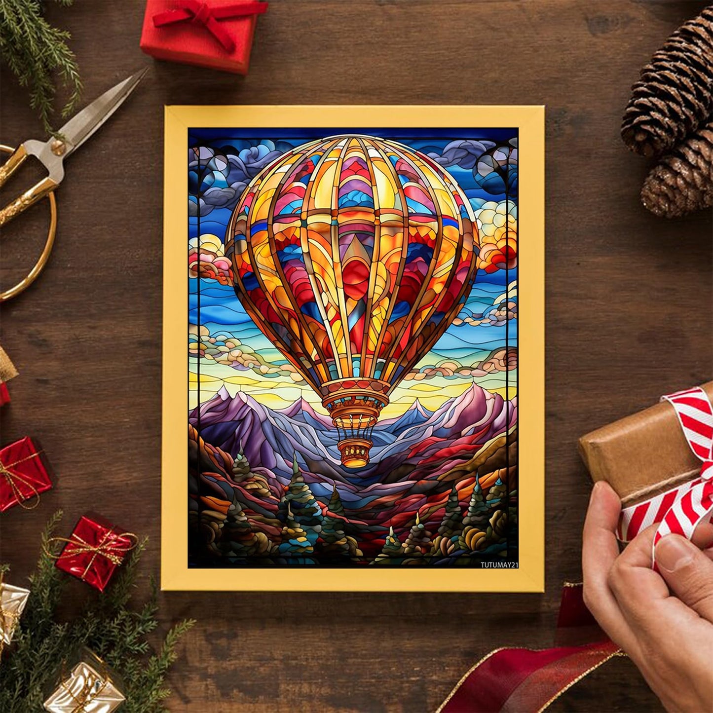 TUTUMAY21 5D Diamond Art Paint Stained Glass Hot Air Balloon Full Drill Diamond Art Painting by Number Kits for Adults Round Beads Mosaic Cross Stitch for Wall Decoration 12x16inch