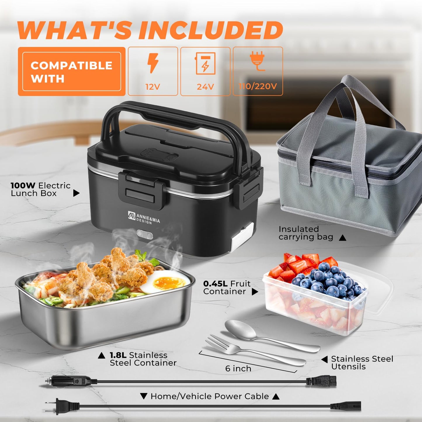Annie & Mia Design Electric Lunch Box for Adults, 100w 1.8L Portable Food Warmer for men Heated Lunch Box for Adults, Home/Car/Office/Truck Use, Lonchera Eléctrica Portátil