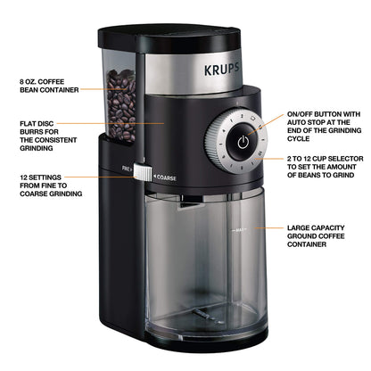KRUPS Precision Burr Coffee Grinder: 12 Settings, 8 oz Capacity for Drip, French Press, Espresso, Pour Over, Cold Brew - Stainless Steel, 110W, Auto-Stop, Easy Clean - Coffee Grinders for Home Use