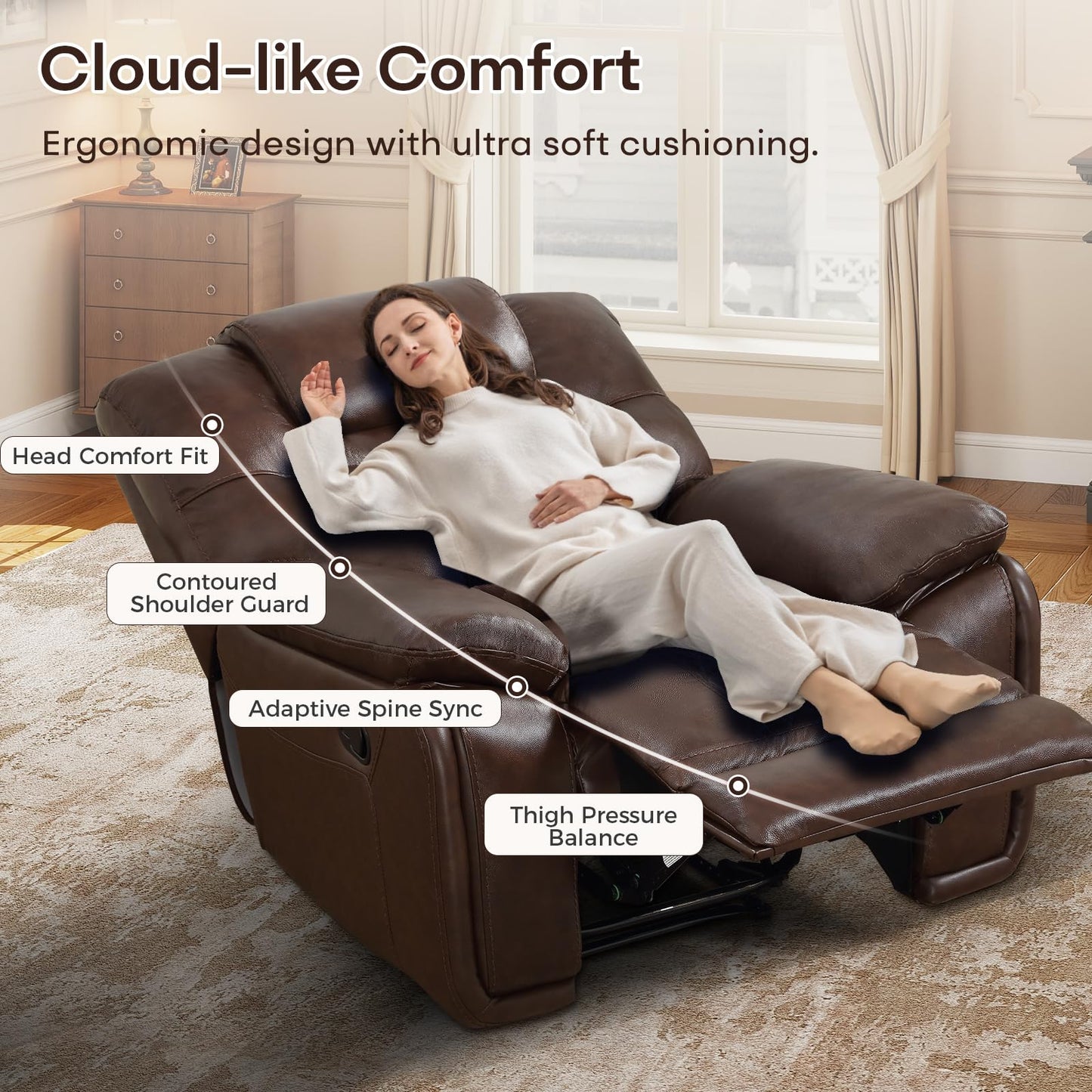 ANJ Genuine Recliner Chair Set of 2, Manual Reclining Chair with Ergonomic Design, Oversized Single Sofa Recliner with Soft Armrest and Flexible Footrest for Living Room,（Red Brown）