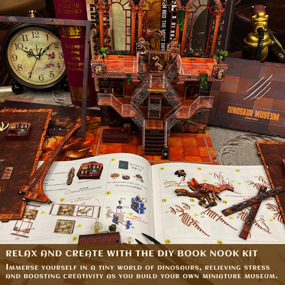Book Nook Kit - DIY 3D Wooden Puzzle Miniature House with LED Lights - Creative Crafts for Adults - Bookshelf Insert Decor - Educational Gift for Family & Friends（Dinosaur Museum）