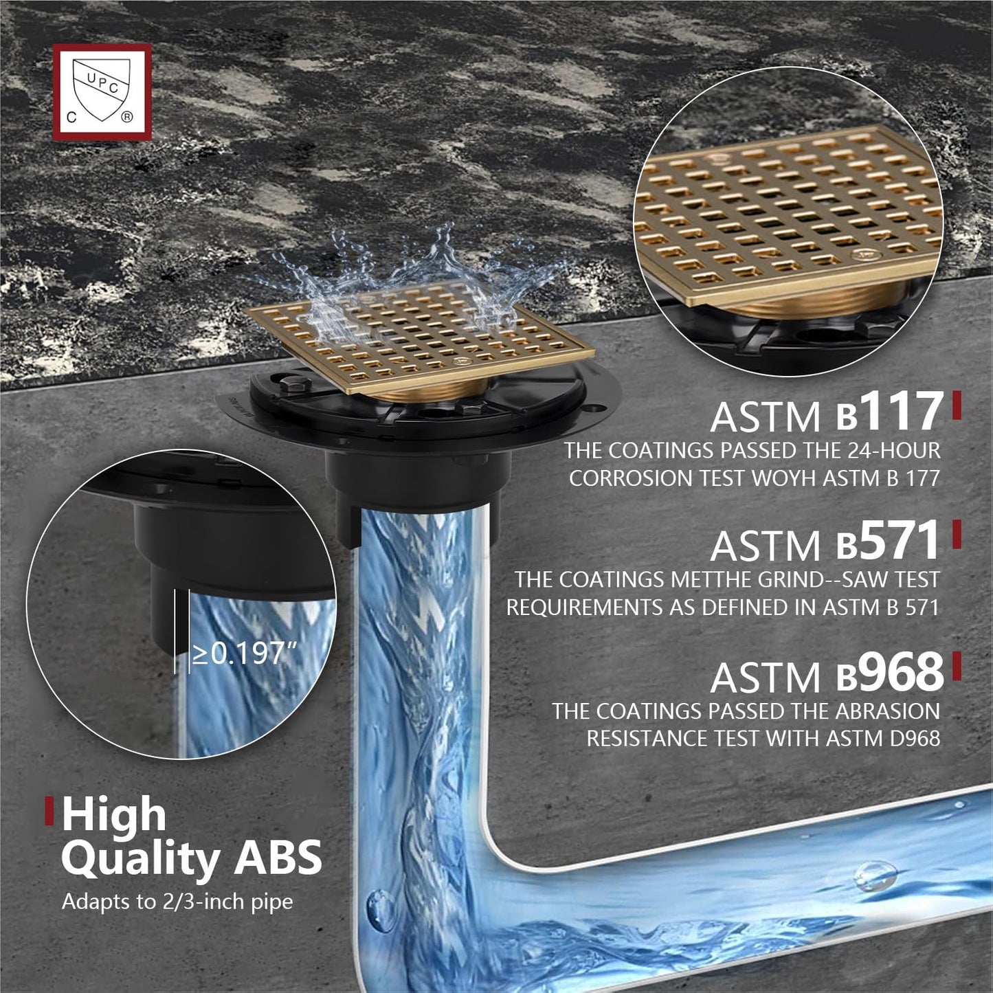 Uni-Green Champagne Bronze Shower Drain 4-1/4 Inch - Square Gold Shower Drain Kit with ABS Flange for 2" or 3" Pipe - Low Profile 304 Stainless Steel Shower Floor Drain Kit with Hair Carcher