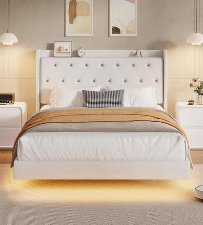 GAOMON Floating Bed Frame Full Size with LED Lights, Velvet Upholstered Platform Full Bed Frame with Wingback Storage Headboard, No Box Spring Needed, Easy Assembly, White