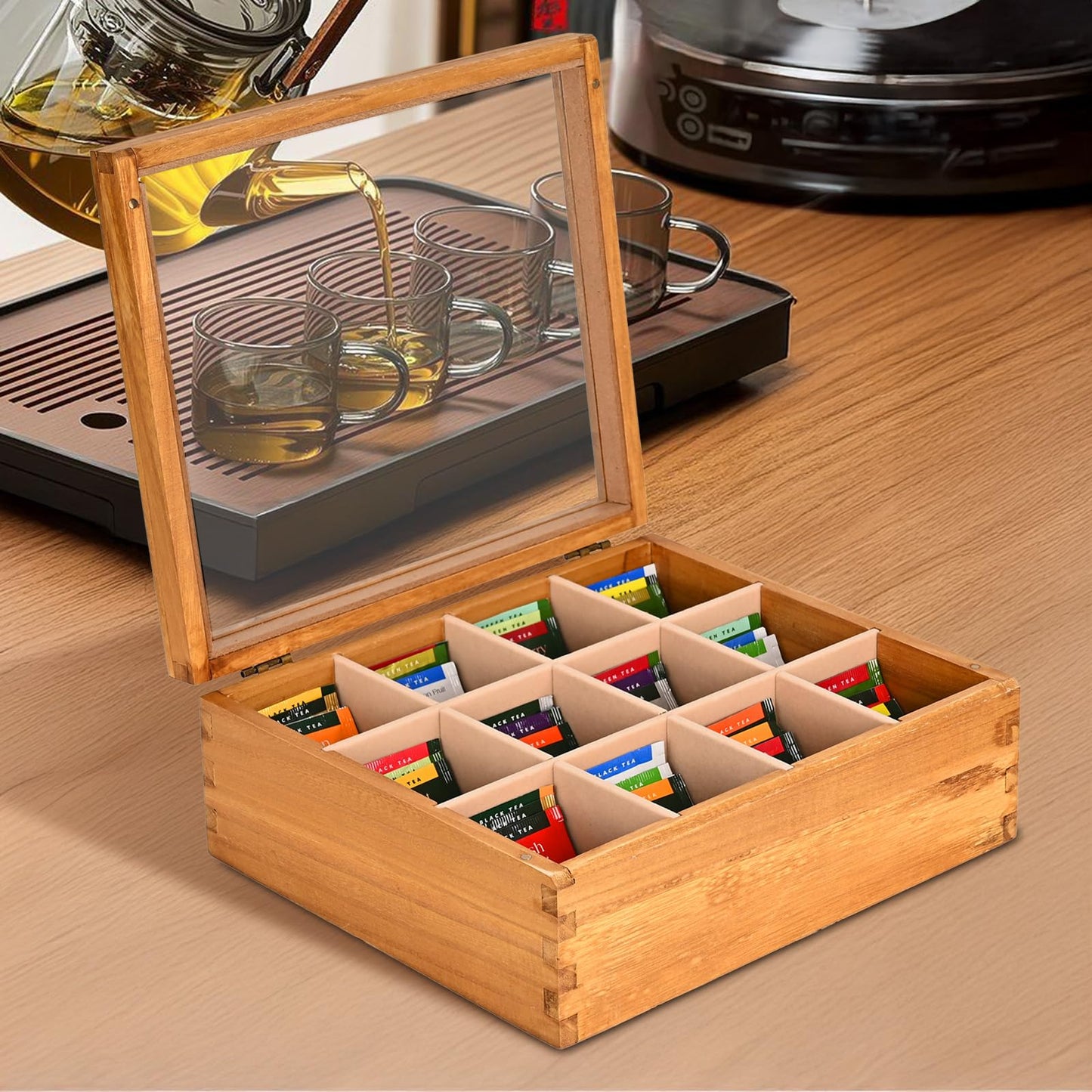 Ll.TOPWP Wood Tea Box Organizer 12 Compartment Multi-Functional Storage Box with Clear Acrylic Window,Tea Bag Holder for Cabinet.