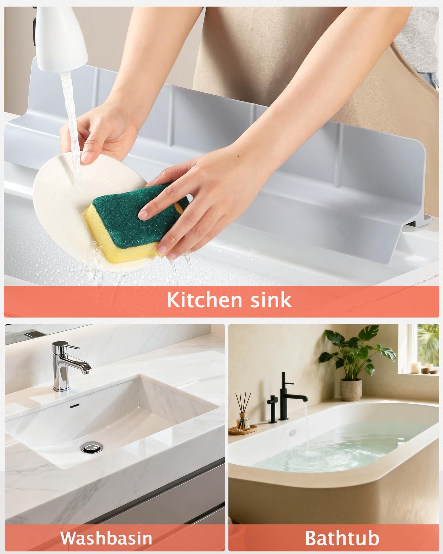 Akrelyan Kitchen Sink Splash Guard 23" 18" Self-Draining Silicone Water Guard with High Splash Wall & Strong Suction Cups for Faucet, Countertop & Sink Edge, Keeps Sinks Dry, Dishwasher Safe, Gray