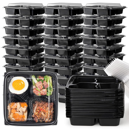 Noamus 30 Pack (60-Pcs) Meal Prep Containers, 4 Compartment Bento Lunch Box with Lid, Disposable Plastic Food Storage To Go, 34oz Portion Control Take Out Box for Adult, Not Microwave Dishwasher Safe