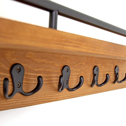 Mail and Key Holder for Wall, Decorative Wooden Shelf with Hooks, Wall Mounted Coat Rack (Light Brown)