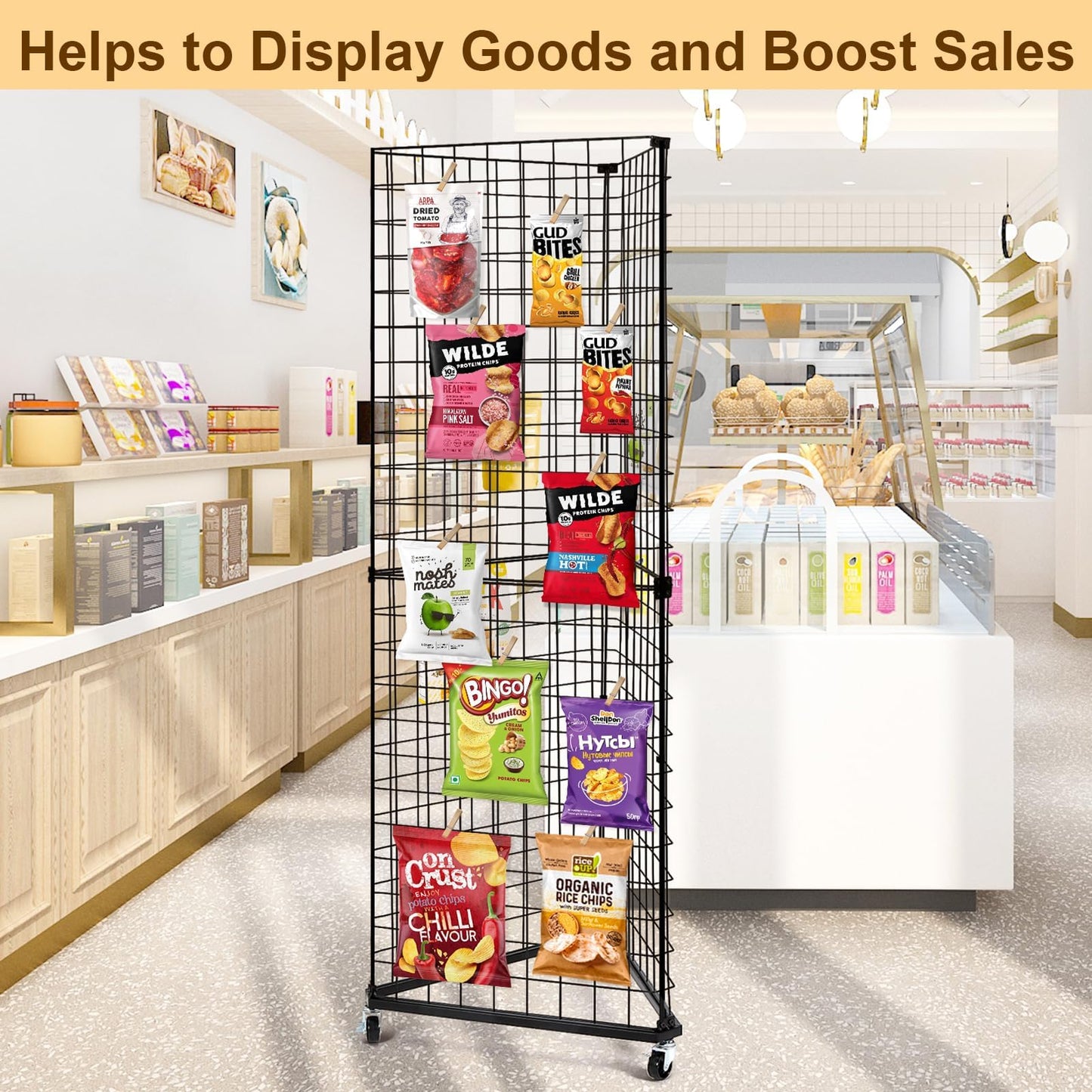GADFISH Triangular Gridwall Panel Display Stand, Black Triangle Wire Grid Tower with Base and Casters, 24" x 68" Rolling Grid Wall, Panel Stand for Home Organization, Retail, Trade Show, Vendor