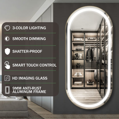 FENNIO 70" x 32" Large Luxury Wall Mounted Mirror with LED Lights - Oval Full Length LED Lighted Full Body Dressing Mirror for Bedroom, Salon, Brushed Aluminum Frame, Tempered Glass