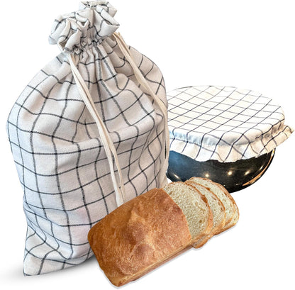 Set Reusable Linen Bread Bags with Bowl Cover - Homemade Bread Storage & Proofing Cover