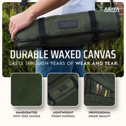 Asaya Waxed Canvas Chef Knife Roll Bag with 10 Slots and a Zipper Pocket - Professional Chef Knife Bag & Storage Case, with Shoulder Strap - Knives Not Included (Forest Green)
