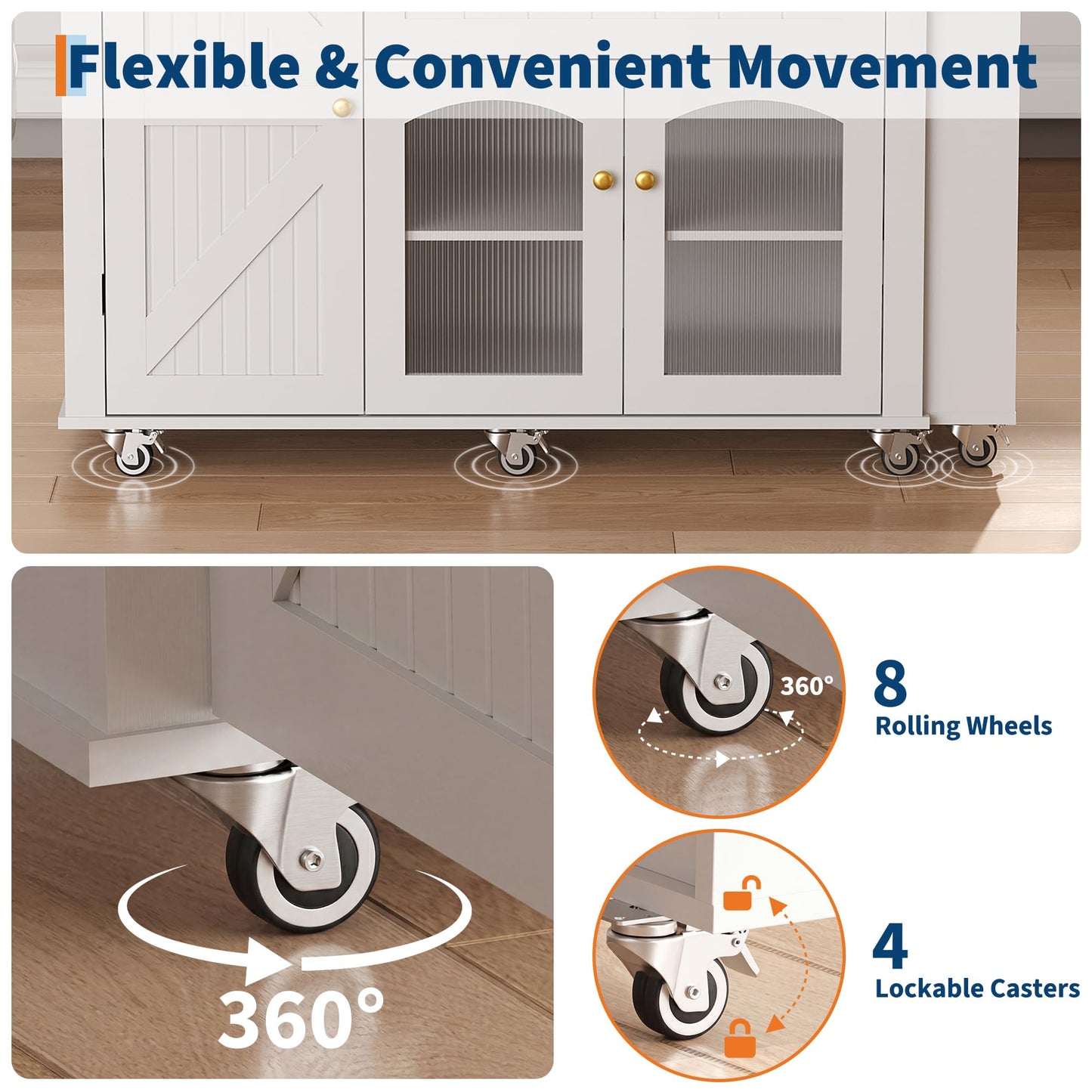 Garvee 78.3” Rolling Kitchen Island with Extendable Table, Storage Cabinet, Drawers & Shelves, White Modern Mobile Island Cart on Wheels, Island Table with Seating for Kitchen, Dining Room, Home Bar