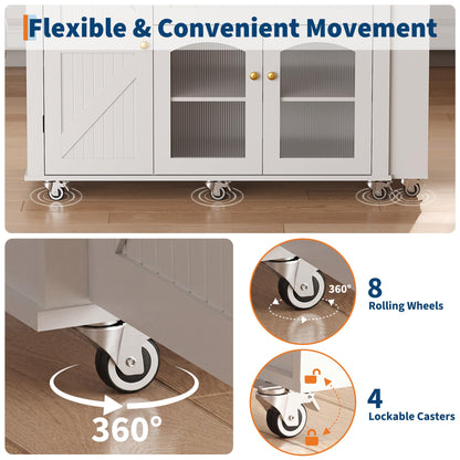 Garvee 78.3” Rolling Kitchen Island with Extendable Table, Storage Cabinet, Drawers & Shelves, White Modern Mobile Island Cart on Wheels, Island Table with Seating for Kitchen, Dining Room, Home Bar