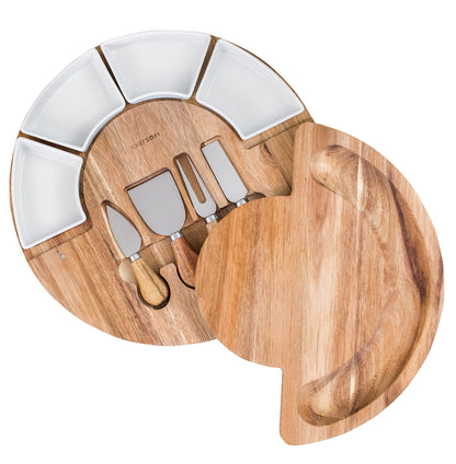 ChefSofi Charcuterie Board Set and Cheese Serving Platter - Made from Acacia Wood - US Patented 13 inch Cheese Board and Knife Set for Entertaining and Serving - 4 Knives and 4 Bowls