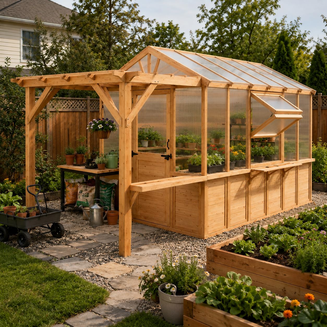 EROMMY 7x16 FT Spruce Wood Greenhouse with Pergola, Large Walk-in Polycarbonate Greenhouse Kit with Top-Hung Windows, Built-in Workstation and Staging Shelves for Backyard Garden