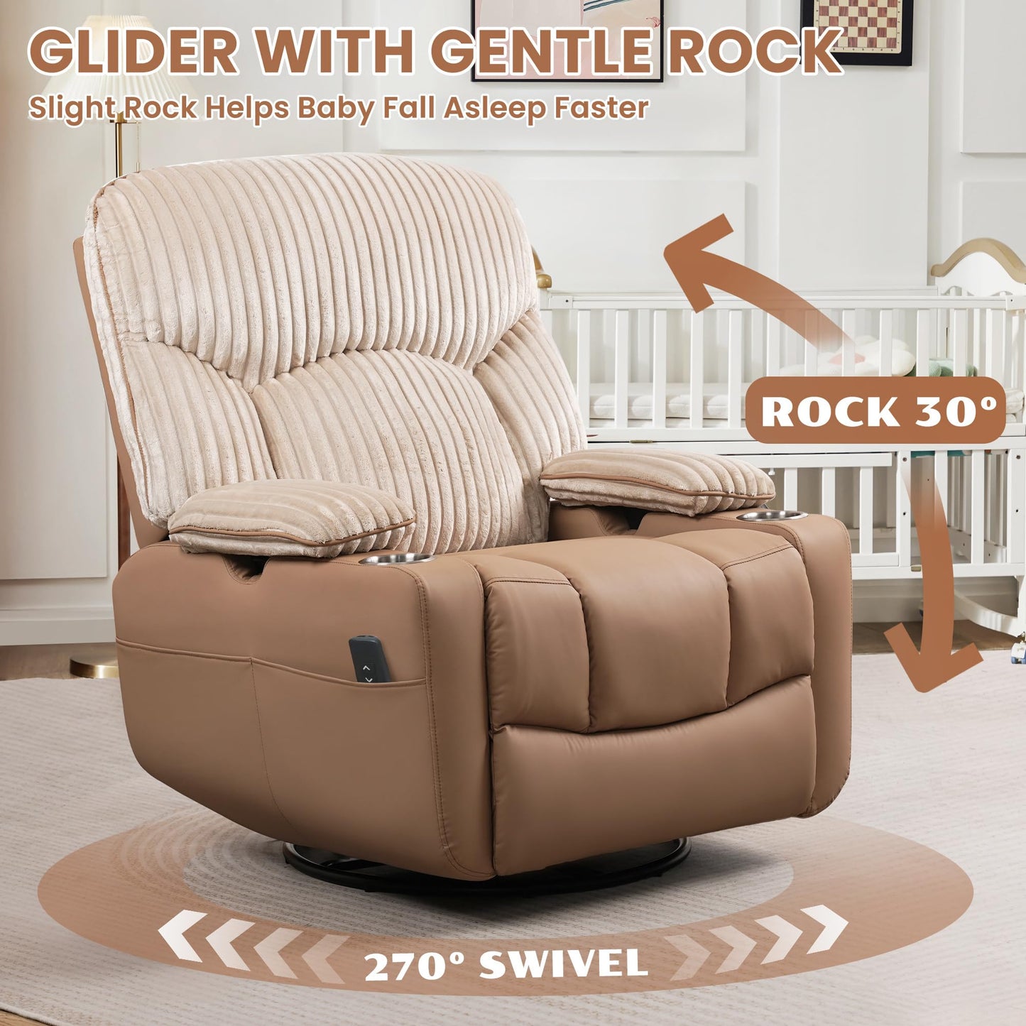 GRAINELL Rocking Chair Nursery, Electric Swivel Recliner Glider with Adjustable Armrests, Nursing Chair with USB Charger, Cup & Blanket Holders, Brown Corduroy & PU Leather