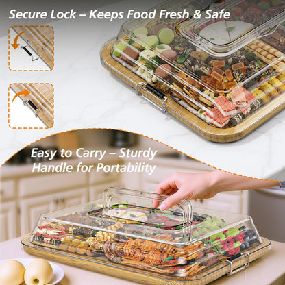 Charcuterie Boards with Foldable Lid, Portable Bamboo Cheese Board with 6 Compartments, Clear Locking Lid and Handle, Easy to Store, Suitable for Picnics, Camping, Parties & Housewarming Gifts