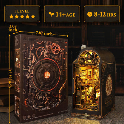 Book Nook, DIY Miniature House Kit, 3D Puzzle Wooden, LED Lights, Decor Crafts for Adults Teen Gifts(Steampunk Industria)