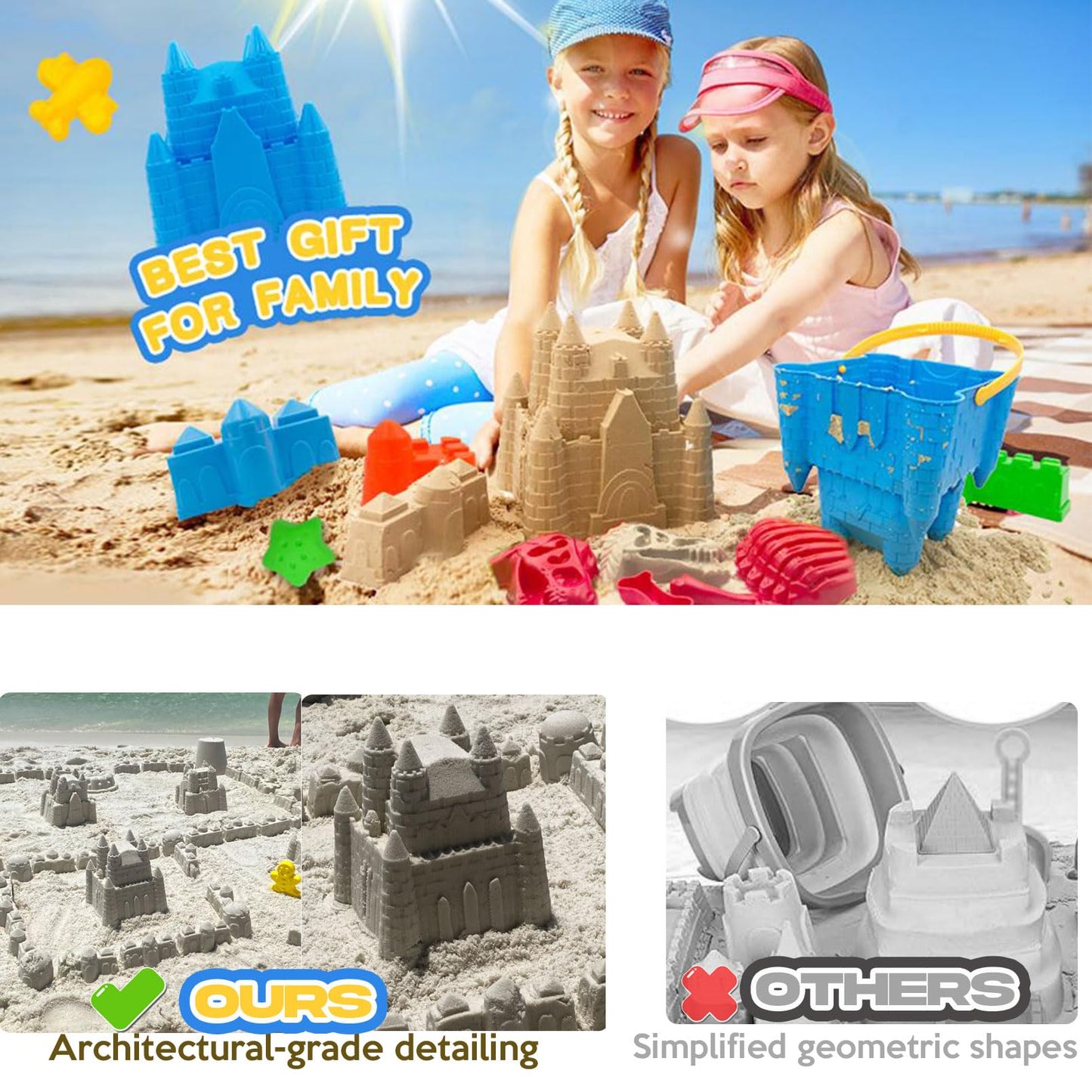 SupMLC Beach Toys, 27 Pcs Sandbox Toys for Kids, Sand Castle Building Kit, Sand Buckets, Collapsible Mesh Bag, Shovels, Dinosaur Molds – Travel Sand Toys for Boys Girls Age 3-10 Beach Accessories