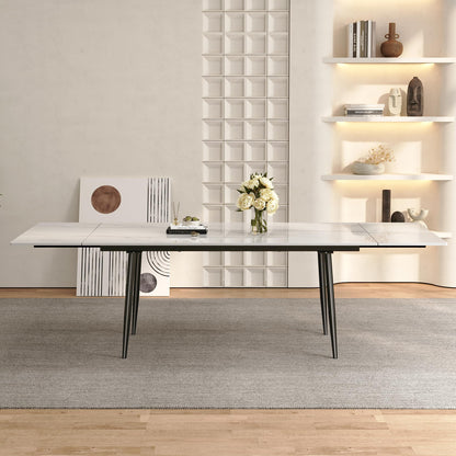 62.9"–94.4" Extendable Sintered Stone Dining Table for 6–10, Modern White Rectangular Kitchen Table with Stainless Steel Legs, Heat & Scratch Resistant, for Indoor & Outdoor Use