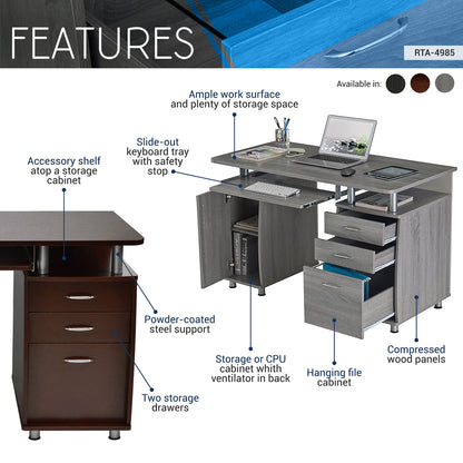 Techni Mobili 48'' W Computer Desk with File Cabinet and Drawers, Storage Cabinet with Removable Shelf and Ventilation for CPU, Home Office Desk or Computer Workstation with Keyboard Tray, Espresso