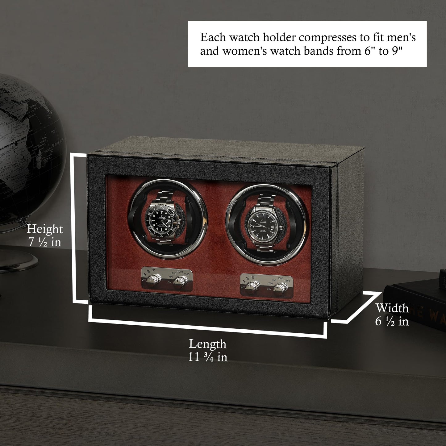ROTHWELL Double Watch Winder for Automatic Watches with Quiet Motor with Multiple Speeds and Rotation Settings (Black/Red)