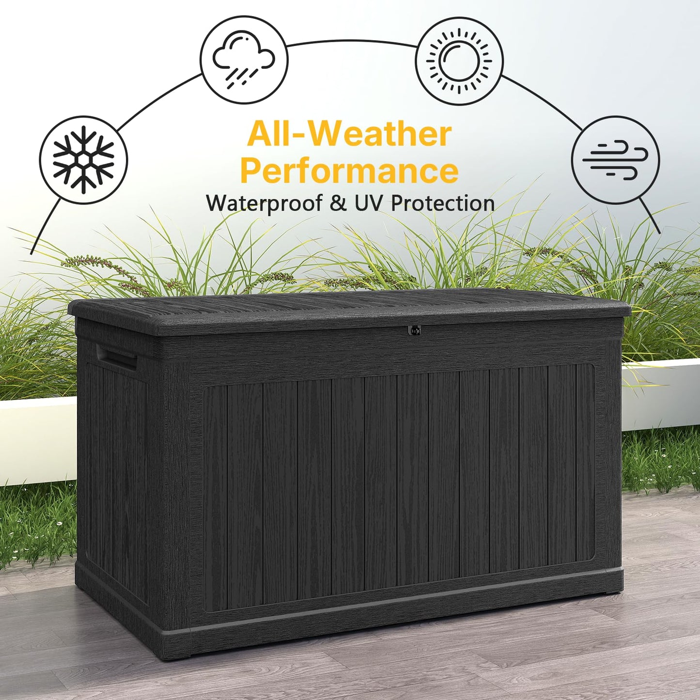 Skepphlay 230 Gallon Deck Box Large Outdoor Storage Box, Black Waterproof Deck Storage Bench, 440 lbs Load Capacity Outdoor Storage Bin for Garden, Patio, Pool, Boat