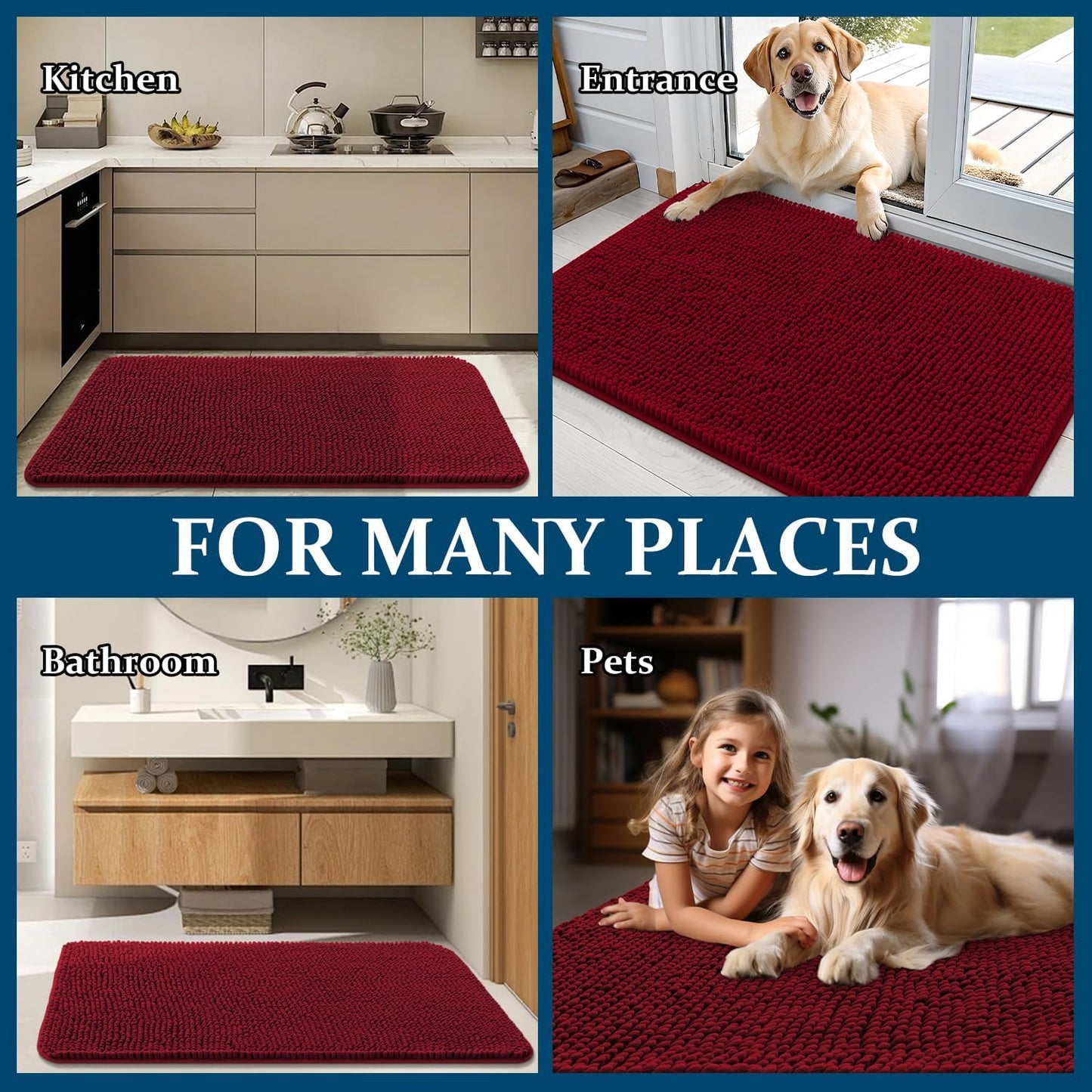 OLANLY Dog Door Mat - Absorbent Non-Slip Chenille Mat for Muddy Paws | 50x30 Inches, Quick Dry, Red