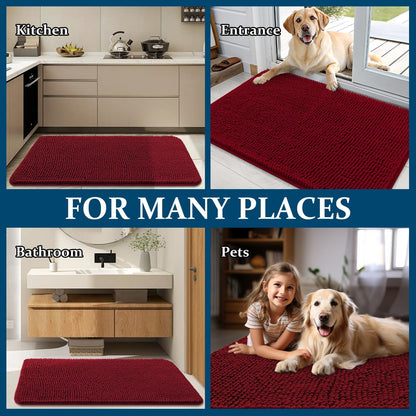 OLANLY Dog Door Mat - Absorbent Non-Slip Chenille Mat for Muddy Paws | 50x30 Inches, Quick Dry, Red