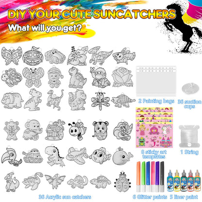 Window Paint Art, 36 Suncatchers Double Craft Kit for Kids – Children’s Make Your Own Fun Suncatcher Set Suction Cups DIY Car & Mirror Arts Crafts Children