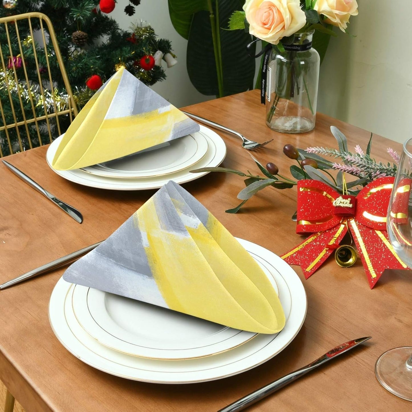 ALAZA Grey and Yellow Abstract Art Painting Cloth Napkins - Set of 6 Reusable Washable Polyester Dinner Napkins